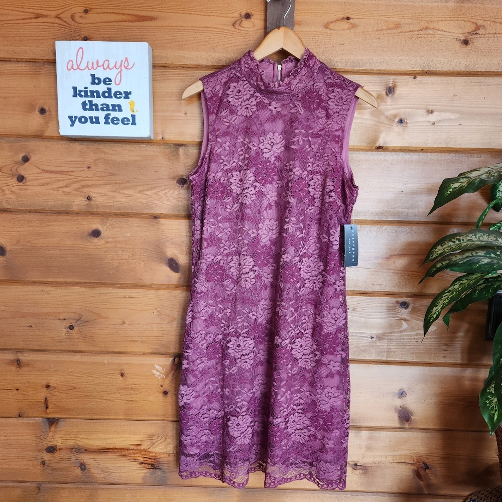 Sharagano 💜NWT Artless Plum Rose Thicket Lace Overlay Sheath Dress Formal Sz 12